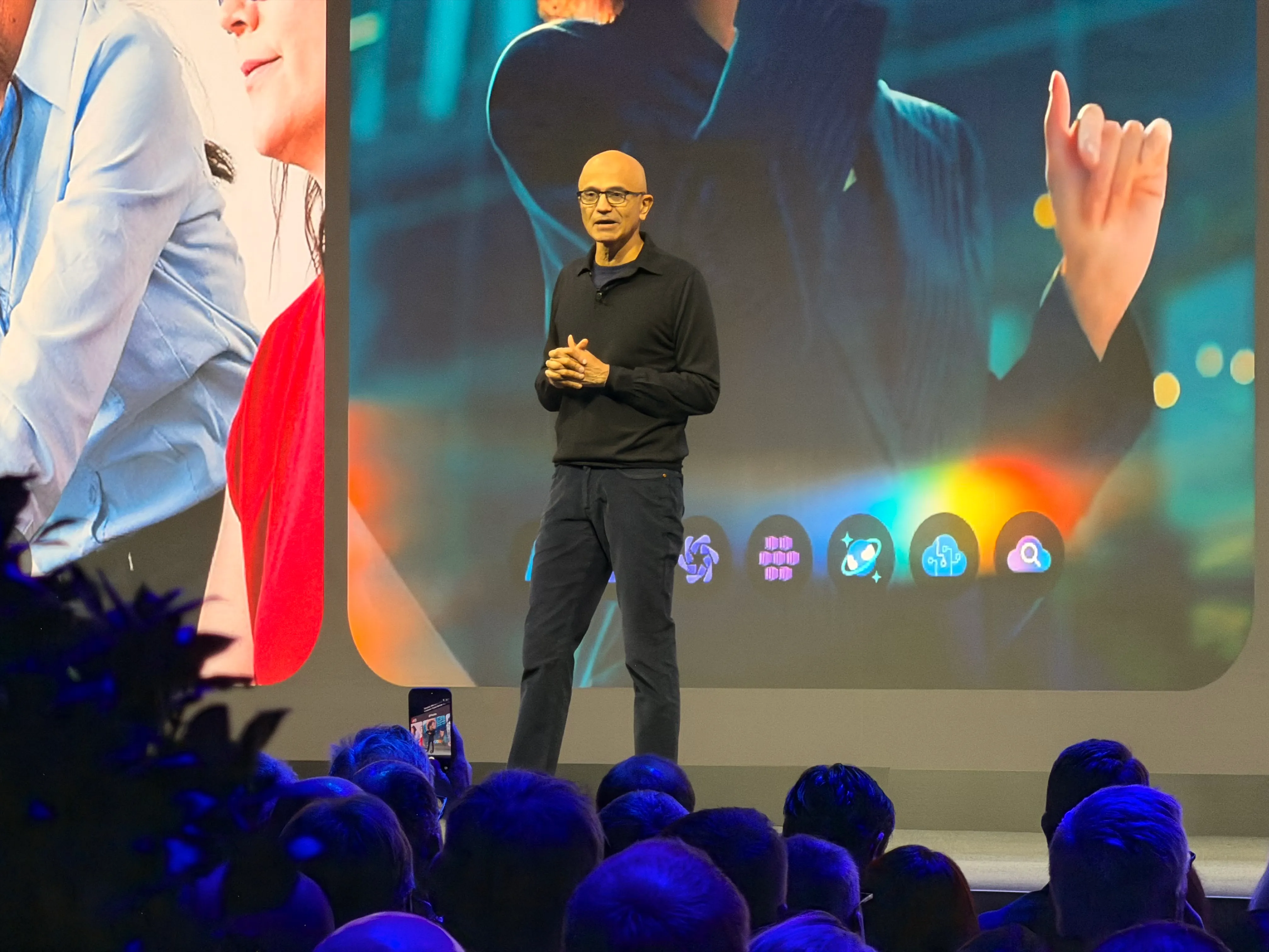 Satya Nadella speaking at Microsoft AI Tour Munich 2026 at Eisbach Studios