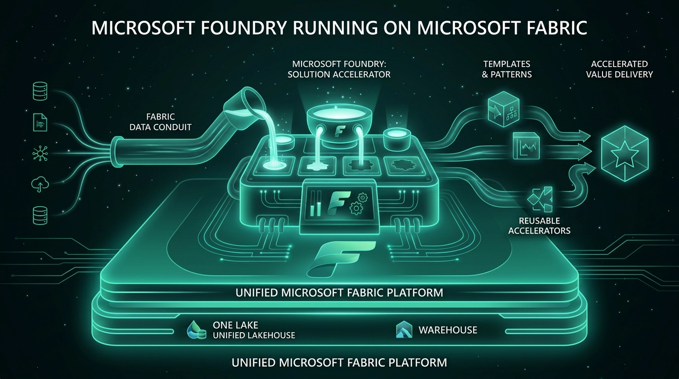 A layered visual representing Microsoft Foundry's enterprise AI platform connecting models, tools, and data sources into a unified runtime.