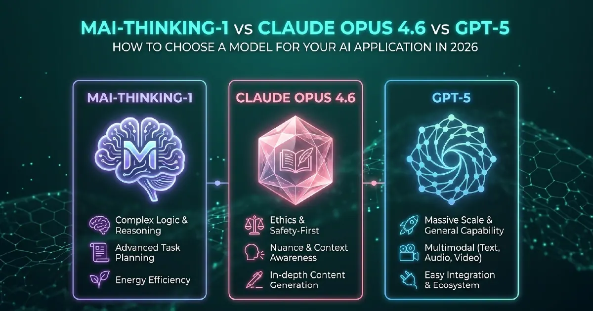 Three AI model logos - Microsoft MAI-Thinking-1, Anthropic Claude Opus, and OpenAI GPT-5 - arranged side by side with comparison metrics and use case icons below each.