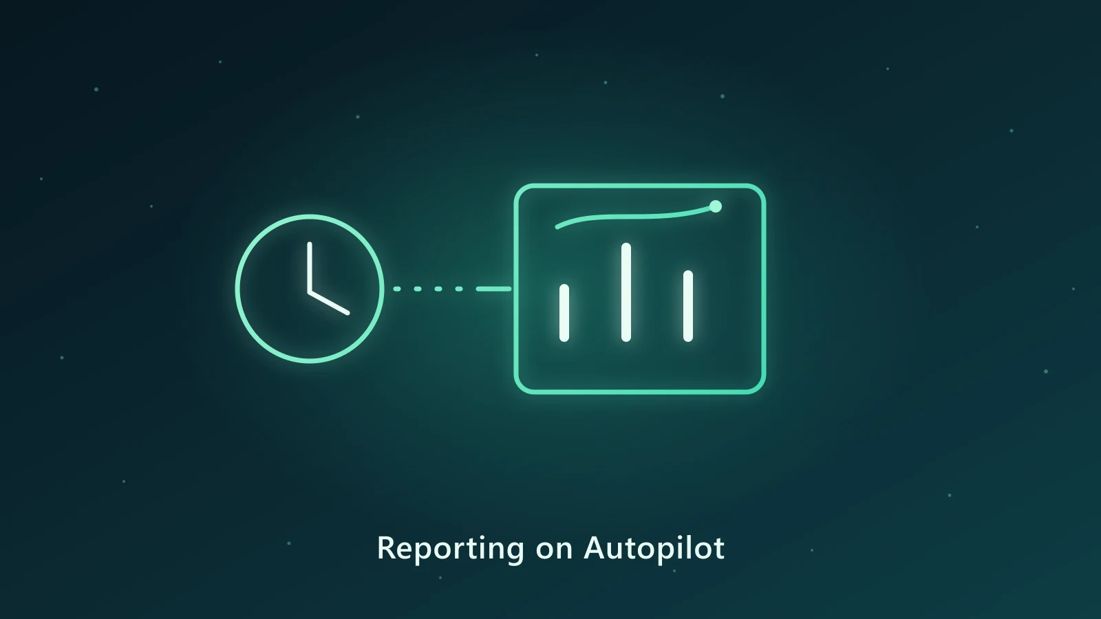Neon clock connected to an automated Power BI dashboard, illustrating scheduled month-end reporting on a dark teal background.
