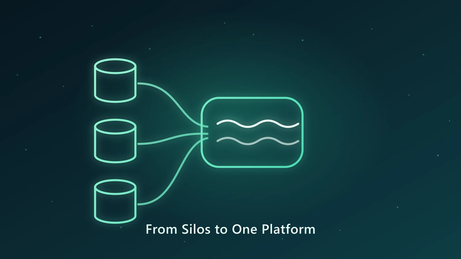 Neon illustration of three data silos flowing into a single unified data lake platform, on a dark teal background.