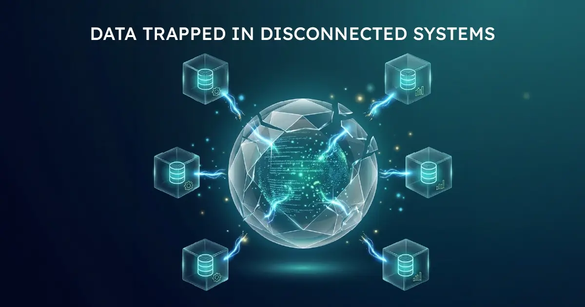 A fractured glass globe of business data surrounded by six disconnected database cubes, illustrating data trapped in separate systems.