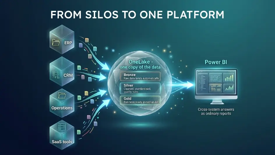 Diagram of siloed ERP, CRM, operations and SaaS systems flowing into Microsoft Fabric OneLake through Bronze, Silver and Gold layers, feeding Power BI.