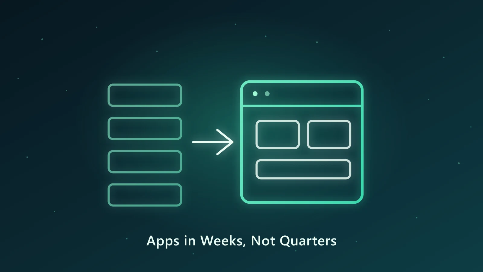 Neon backlog queue flowing through an arrow into a finished application window, illustrating fast low-code delivery on a dark teal background.