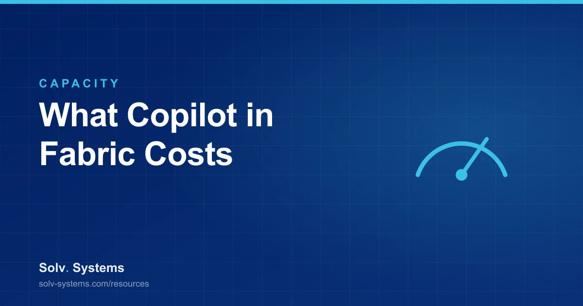 Navy Solv Systems title card reading 'What Copilot in Fabric Costs' with a capacity gauge motif.