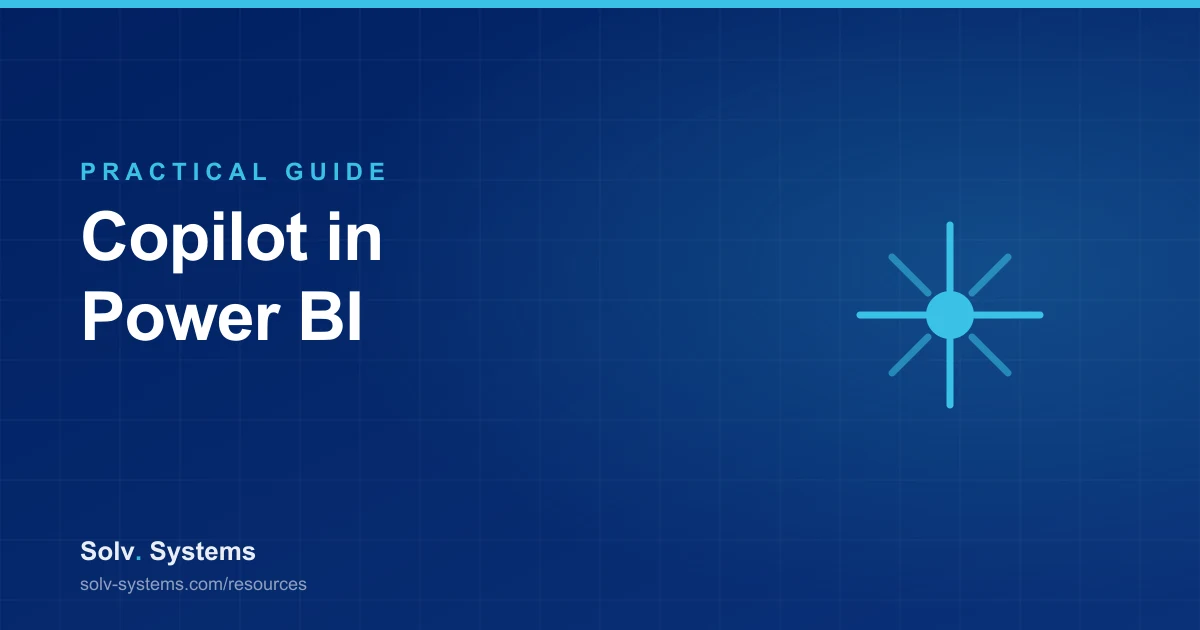 Navy Solv Systems title card reading 'Copilot in Power BI' with a conversational spark motif.