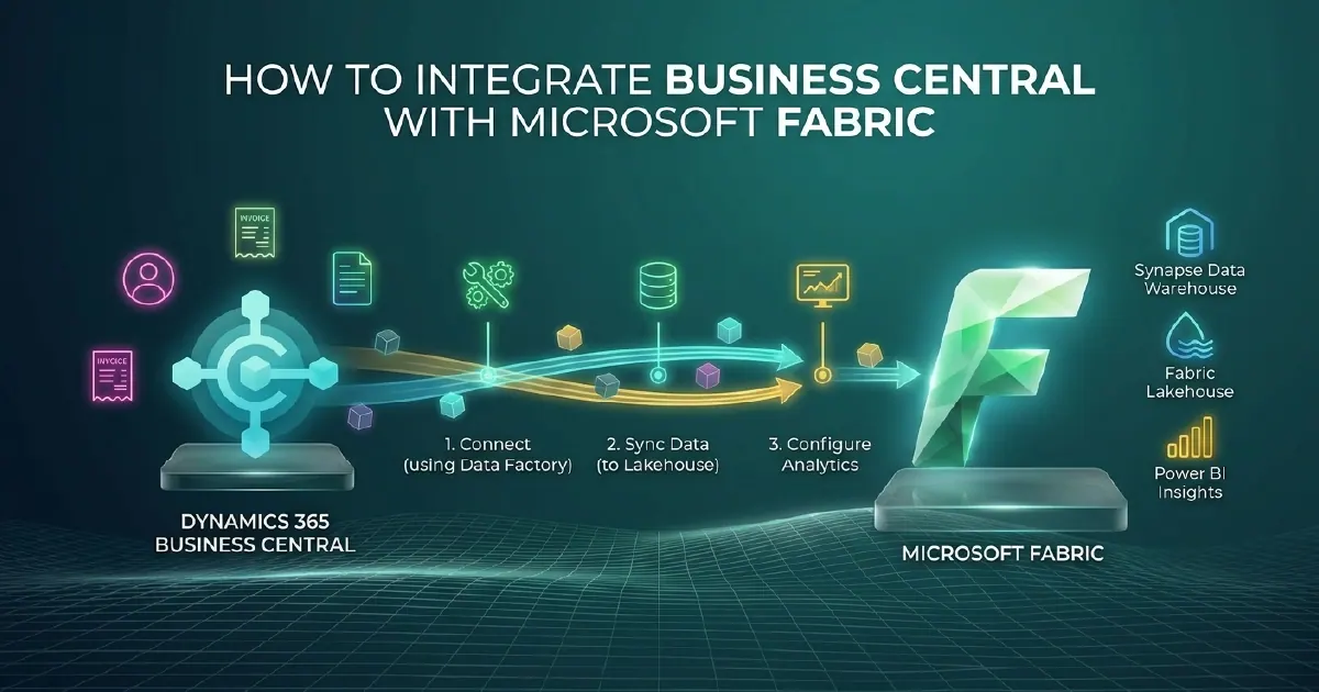 Architecture diagram showing data flowing from Dynamics 365 Business Central into Microsoft Fabric OneLake through multiple integration paths, with Power BI reports on the right.