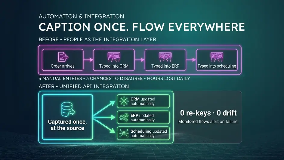 Before-and-after diagram of order data typed into three systems manually versus captured once and flowing automatically via Power Automate and APIs.