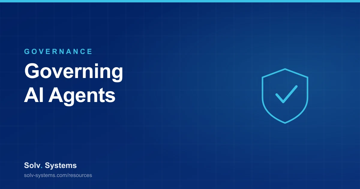 Navy Solv Systems title card reading 'Governing AI Agents' with a shield and check motif.