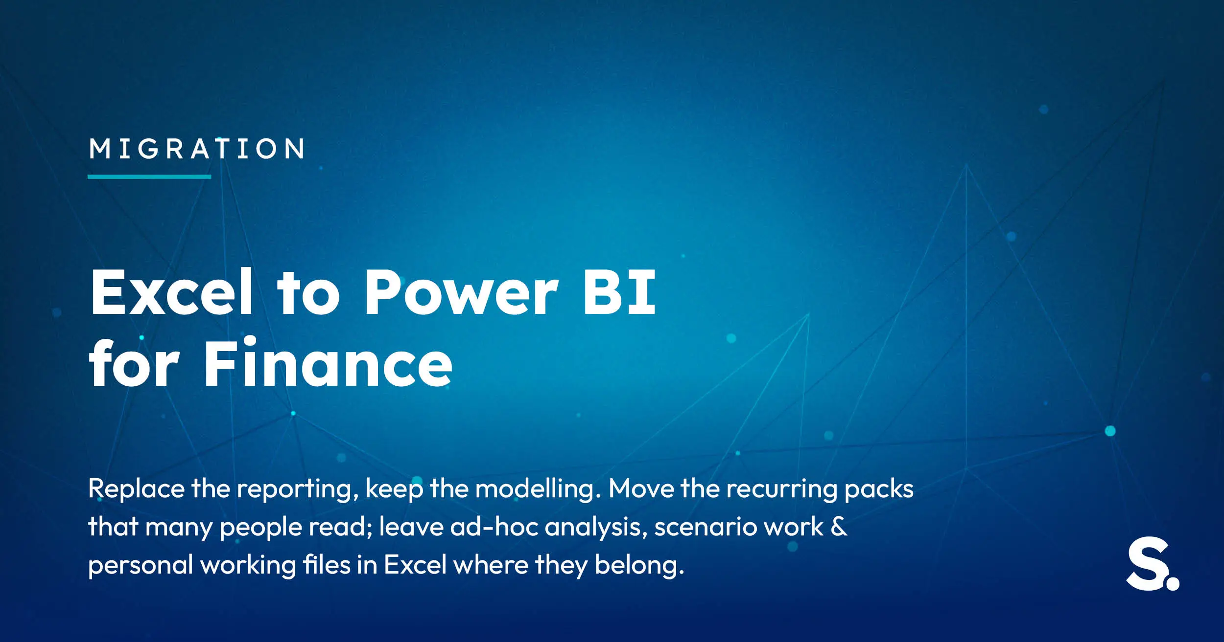 Navy Solv Systems title card reading 'Excel to Power BI for Finance' with migration arrows motif.