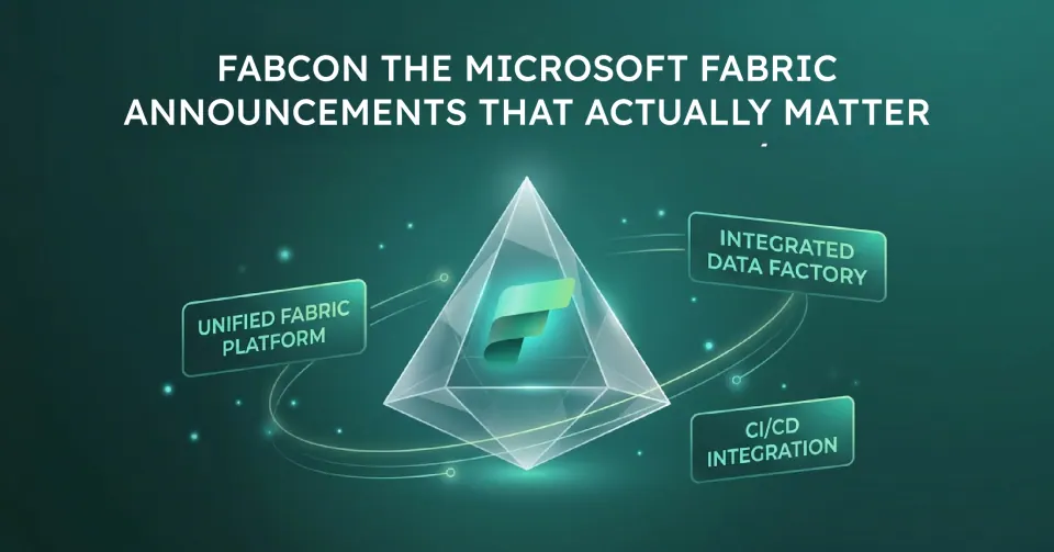 Graphic representing Microsoft Fabric announcements at FabCon 2026, including Unified Fabric Platform, Integrated Data Factory, and CI/CD Integration