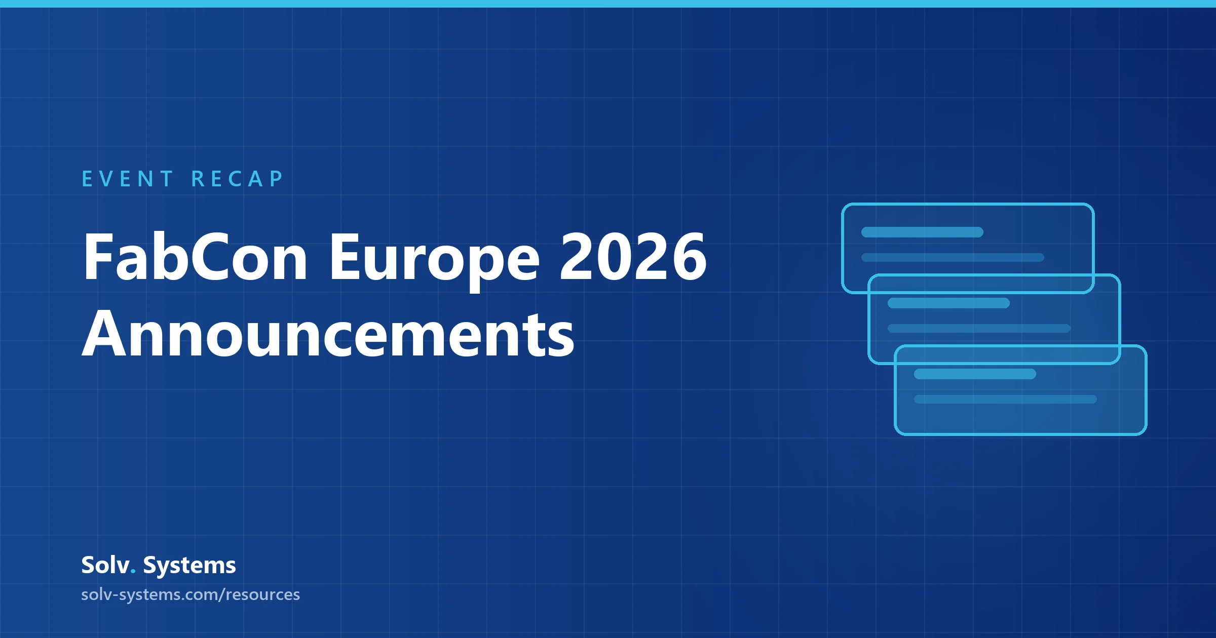 Navy Solv Systems title card reading 'FabCon Europe 2026' with a conference stage and spotlight motif.