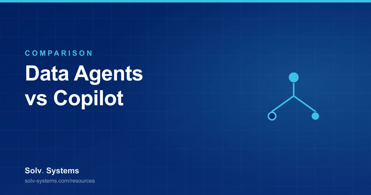 Navy Solv Systems title card reading 'Data Agents vs Copilot' with a decision fork motif.