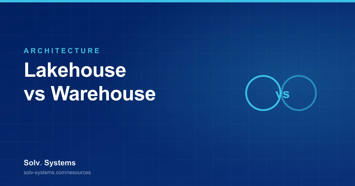 Navy Solv Systems title card reading 'Lakehouse vs Warehouse' with a versus circles motif.