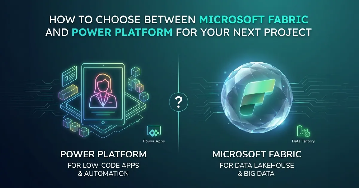 A split comparison diagram showing Microsoft Fabric on one side with data engineering and analytics icons, and Microsoft Power Platform on the other with app development and automation icons, connected by Power BI in the centre.