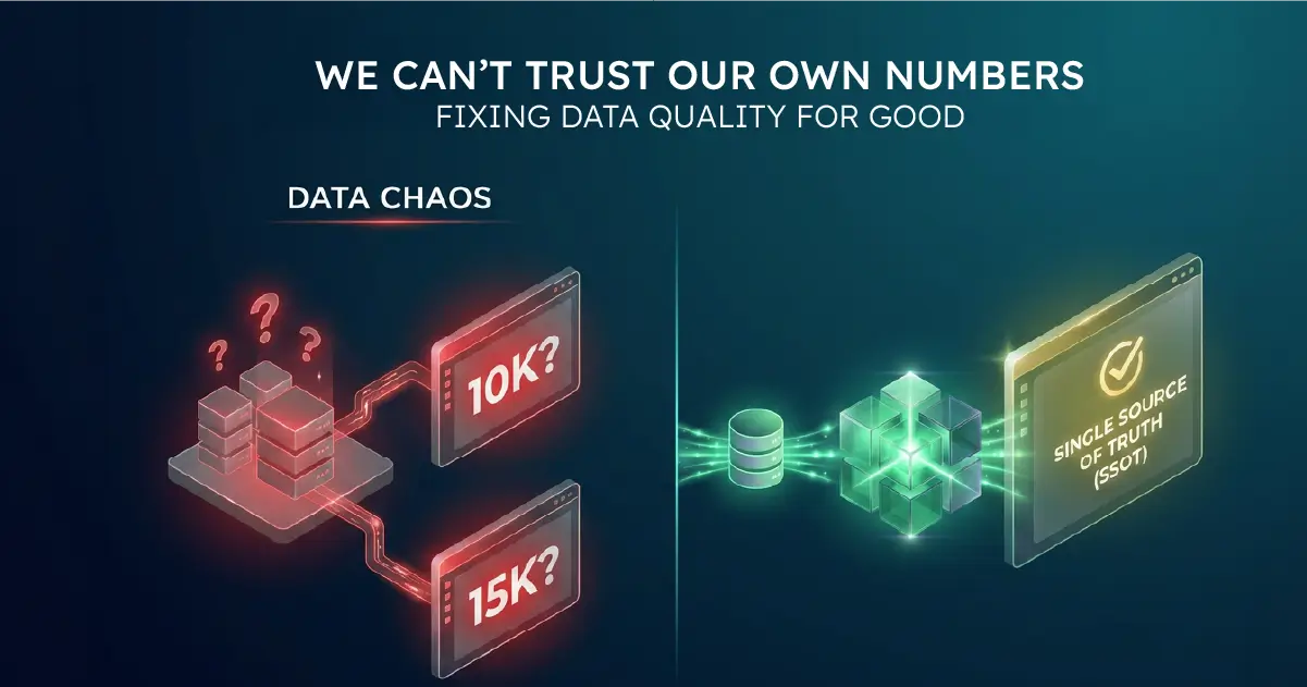 Illustration titled 'We can't trust our own numbers' contrasting conflicting dashboard figures with a single source of truth on a dark teal background.
