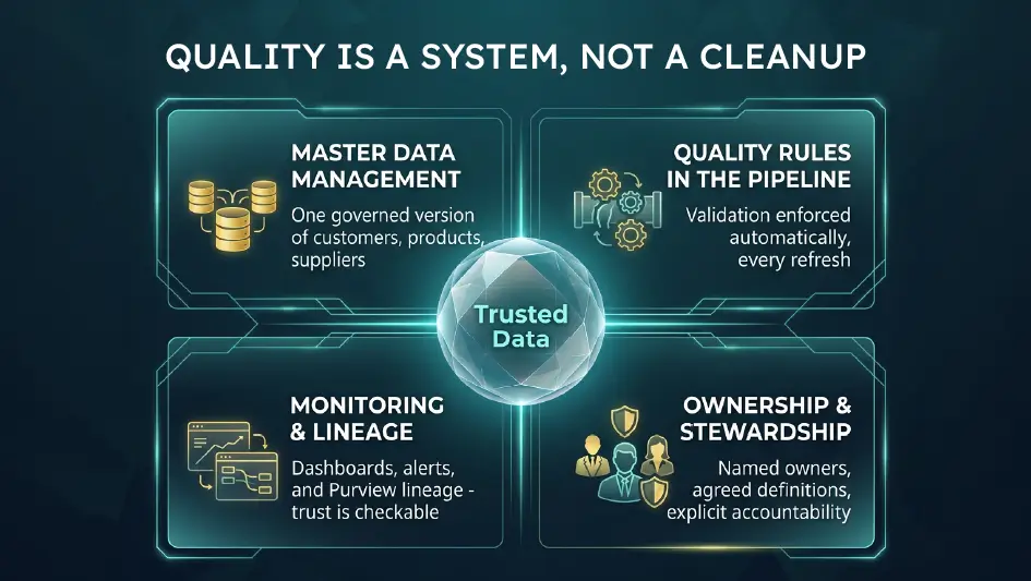 Four-part data quality system: master data management, pipeline quality rules, monitoring and lineage, and ownership, surrounding trusted data.