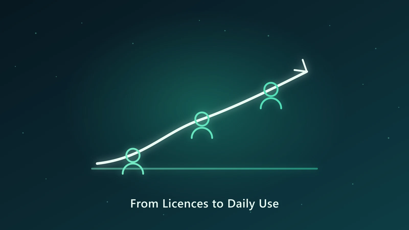 Neon adoption curve rising from left to right with user icons joining along the way, on a dark teal background.