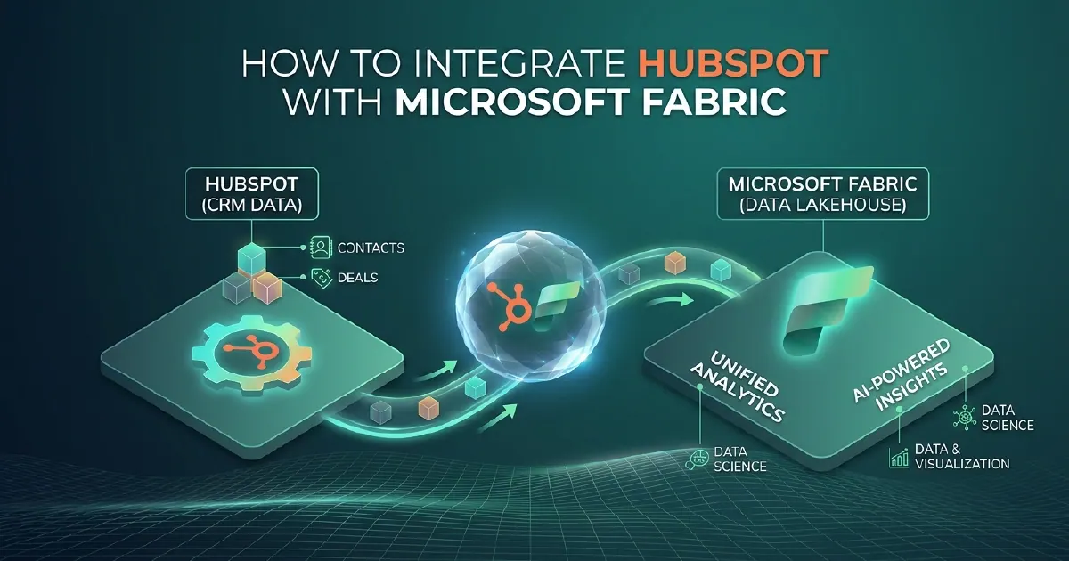 Architecture diagram showing HubSpot CRM data flowing through API connectors into Microsoft Fabric OneLake, with Power BI dashboards displaying sales and marketing analytics.