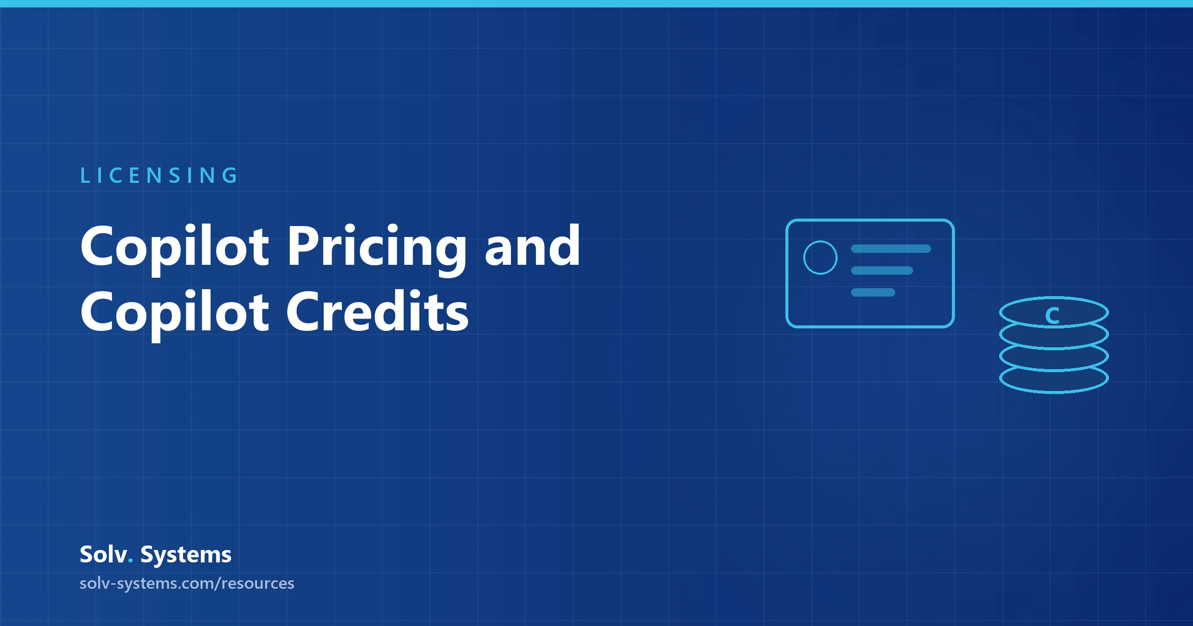 Navy Solv Systems title card reading 'Copilot Pricing: Licences Plus Credits' with a battery and fuel gauge motif.