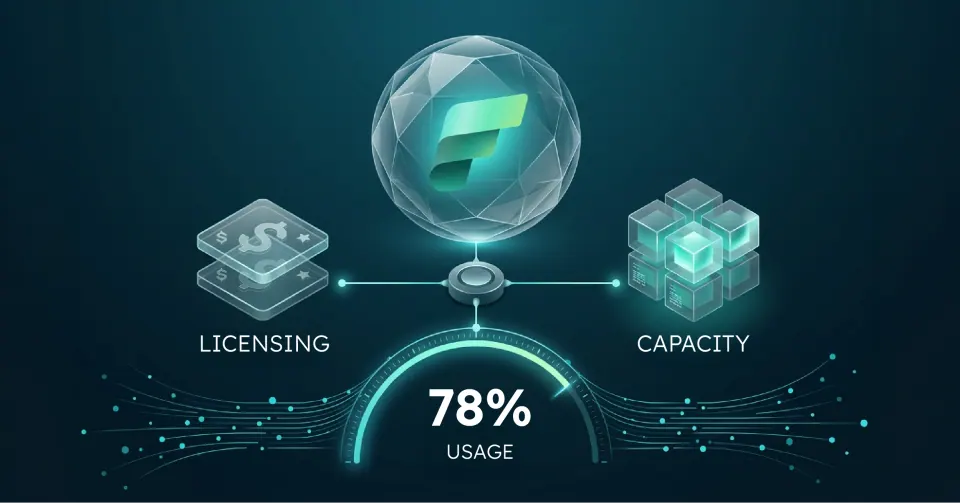 High-tech strategic visual representing Microsoft Fabric cost, licensing, and capacity units.
