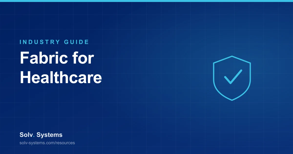 Navy Solv Systems title card reading 'Fabric for Healthcare' with a shield and check motif.