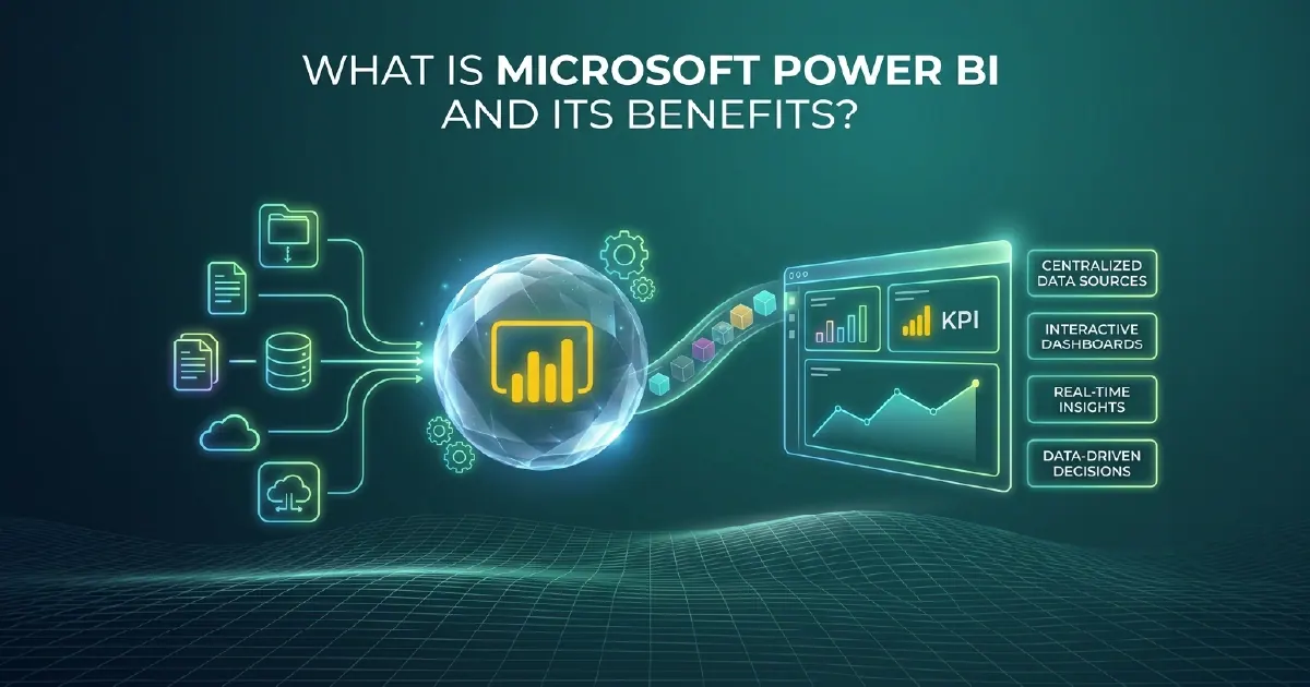 Microsoft Power BI interface showing interactive dashboards and reports with charts, KPI tiles, and data visualisations on a clean white background.