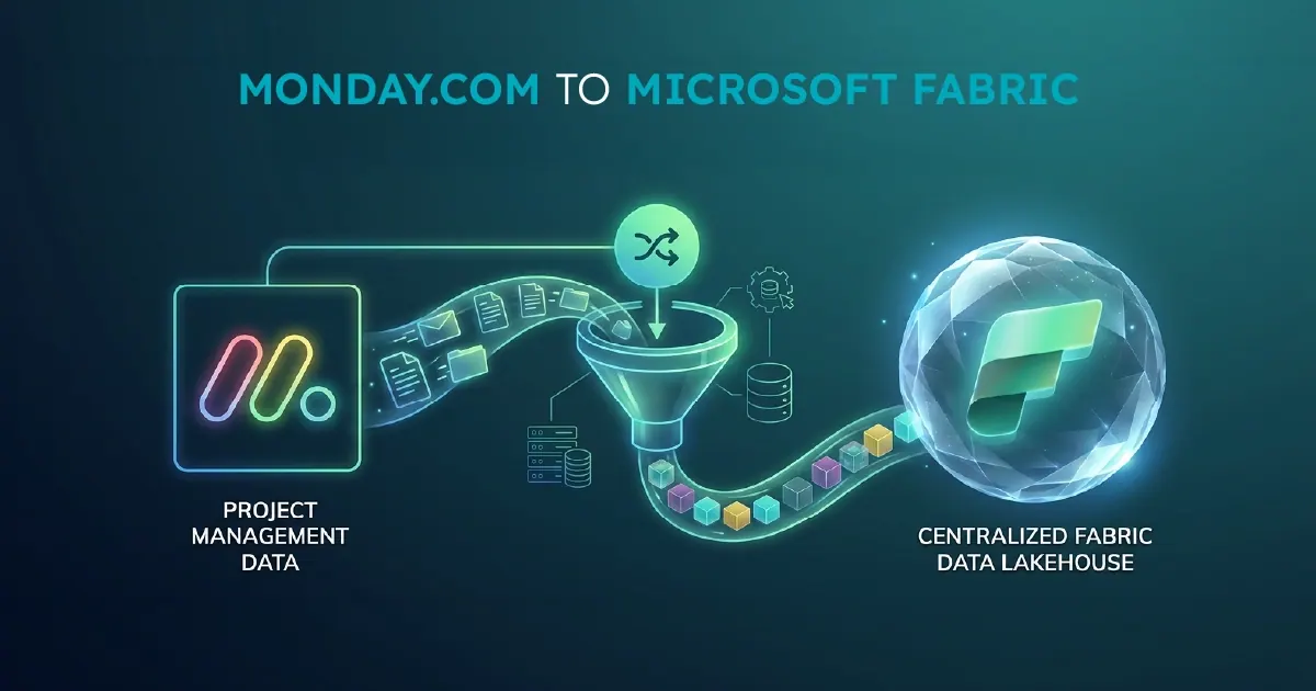 A visual representing monday.com boards flowing through a metadata-driven Fabric pipeline into a Lakehouse with a Bronze, Silver, and Gold medallion architecture feeding Power BI.