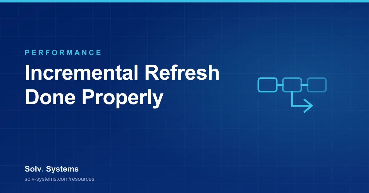 Navy Solv Systems title card reading 'Incremental Refresh Done Properly' with connected pipeline stages motif.