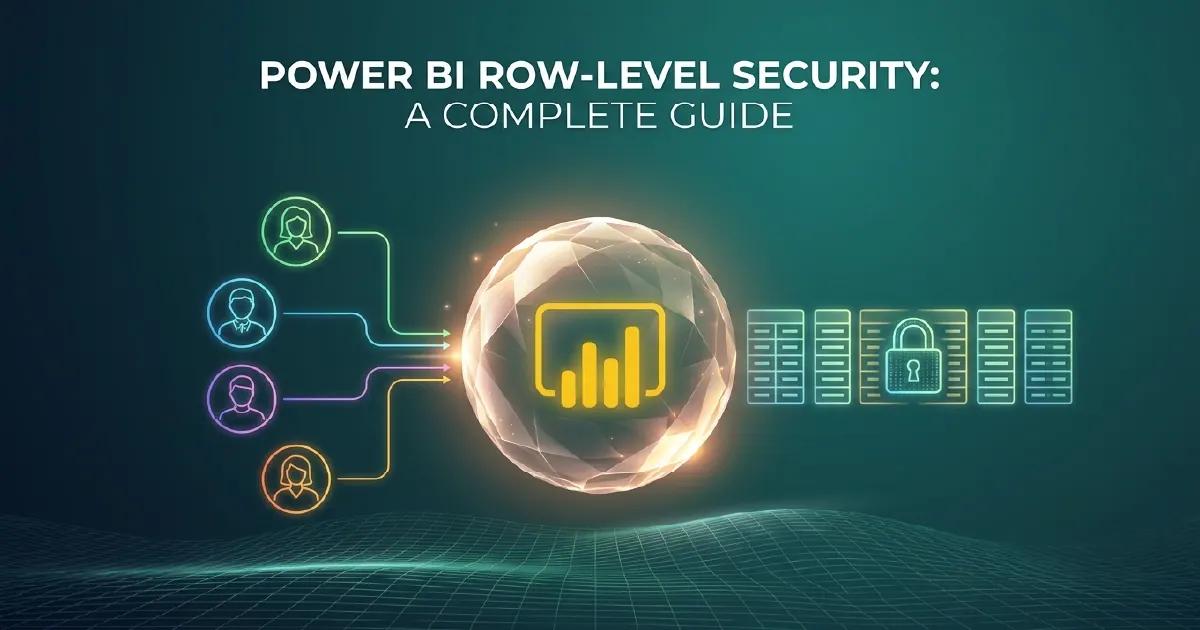Security shield icon overlaid on a Power BI dashboard showing filtered data access by user role.