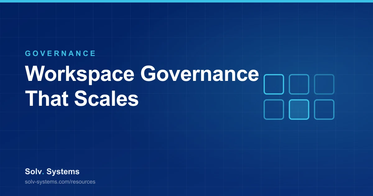 Navy Solv Systems title card reading 'Workspace Governance That Scales' with a governed workspace grid motif.