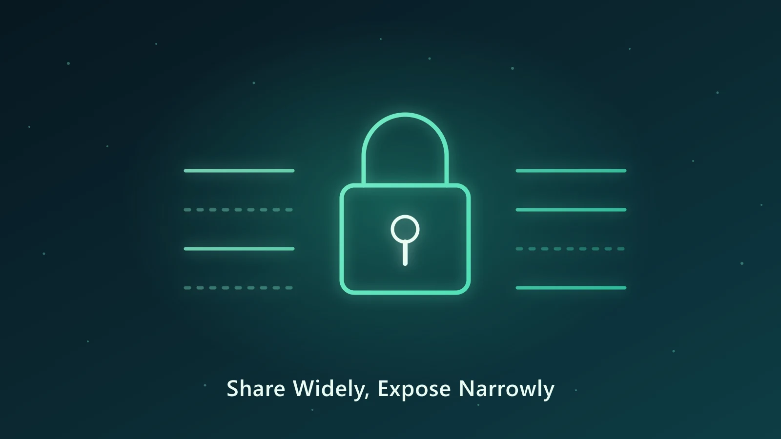 Neon padlock between rows of visible and masked data, illustrating row-level security and governed access on a dark teal background.