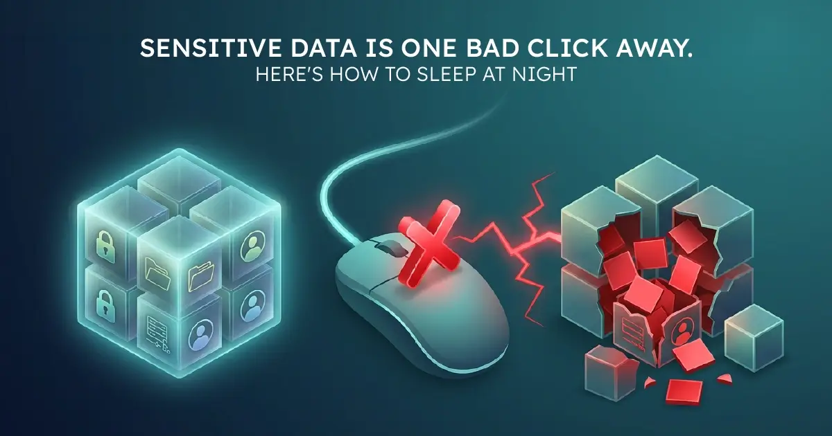 A secure cube of locked data on the left, a mouse click marked with a red cross in the centre, and a shattered data cube spilling fragments on the right.