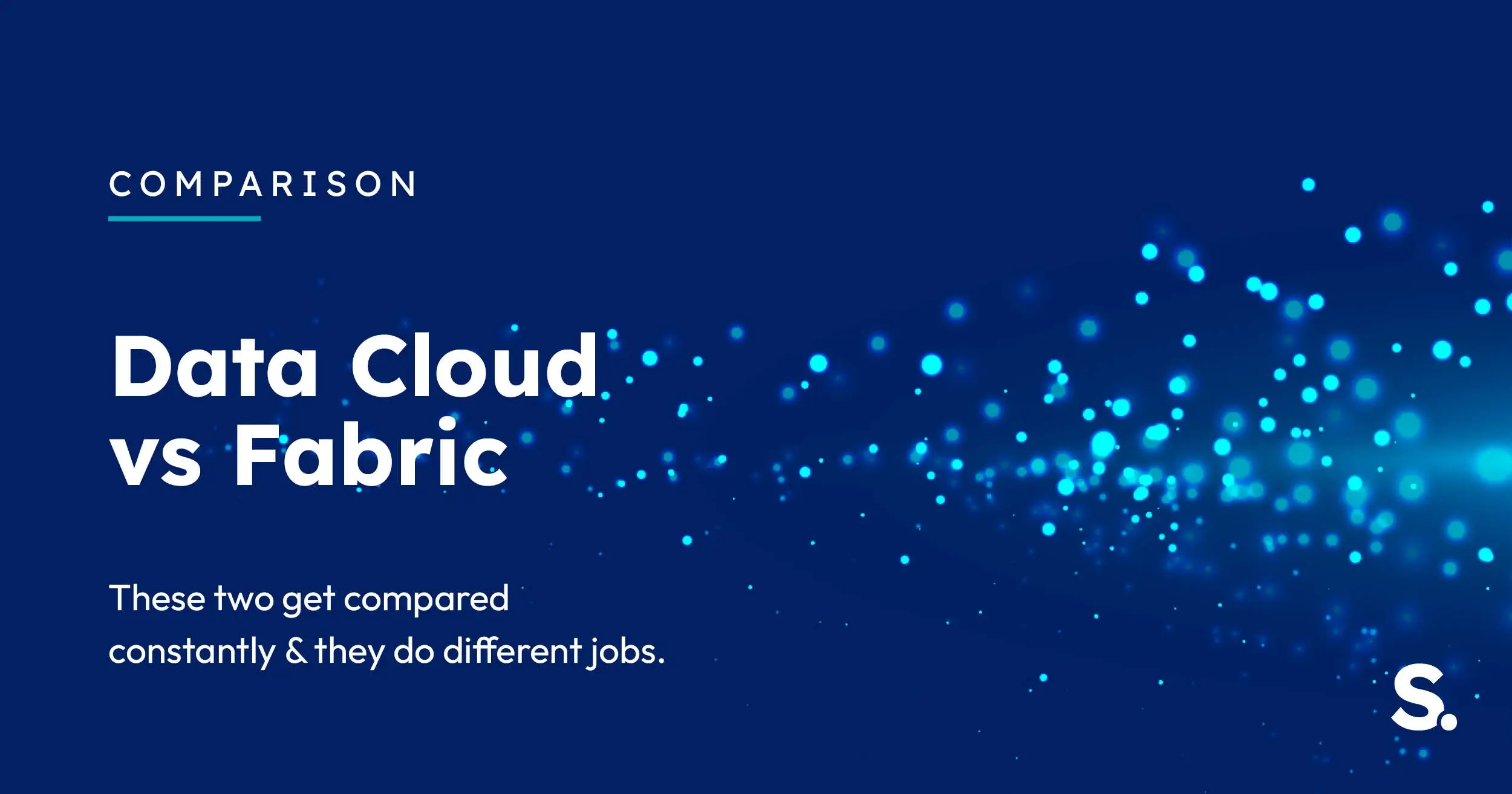 Navy Solv Systems title card for the Data Cloud vs Fabric comparison, with cyan light particles.
