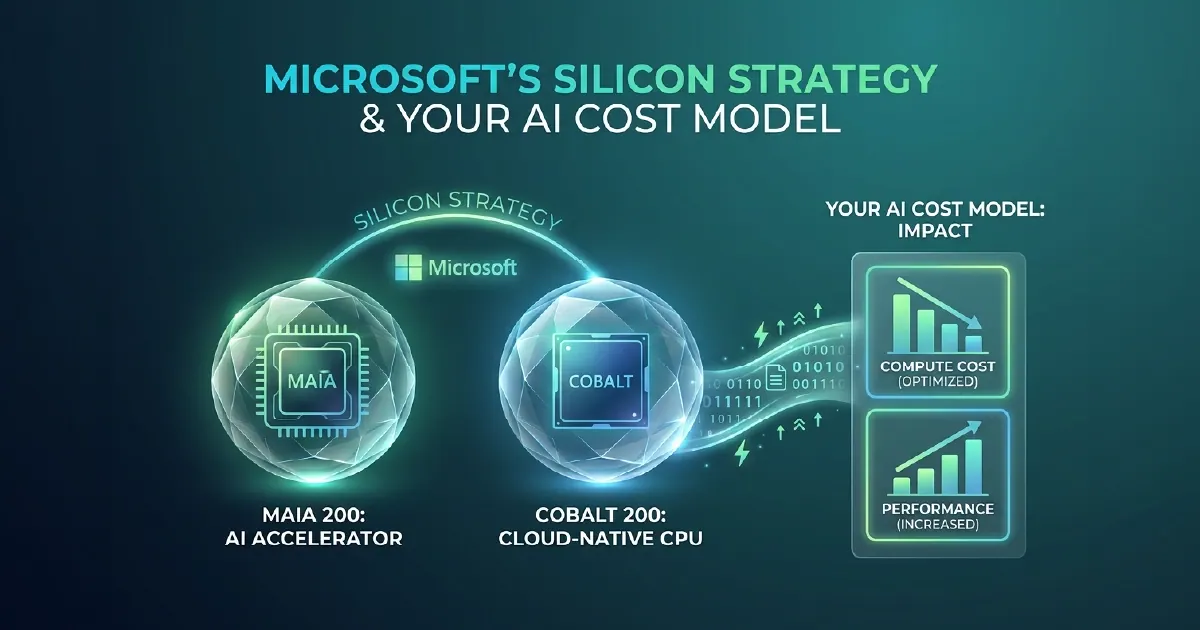 Close-up photograph of a custom silicon chip with Microsoft branding, surrounded by circuit board traces and Azure infrastructure icons representing cloud AI compute.