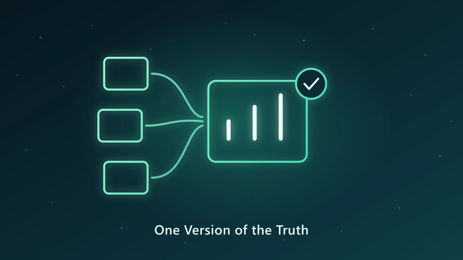 Neon diagram of three source systems converging into one certified report with a check mark, on a dark teal background.