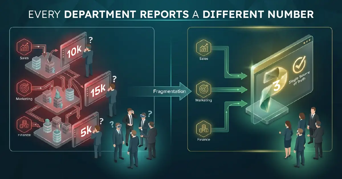 Split illustration contrasting sales, marketing and finance reporting three conflicting figures on the left with the same three departments feeding one certified single source of truth on the right.
