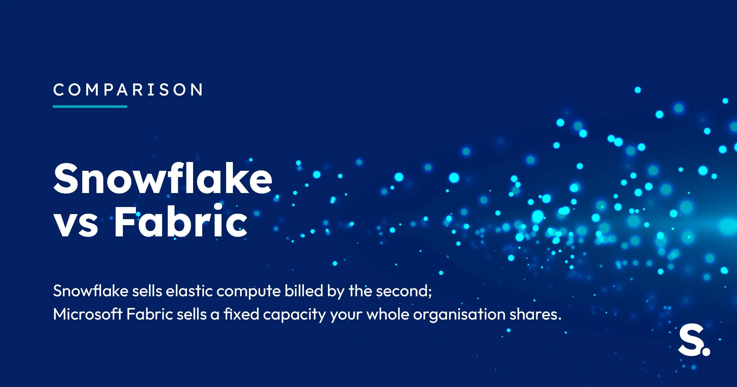 Navy Solv Systems title card for the Snowflake vs Fabric comparison, with cyan light particles.
