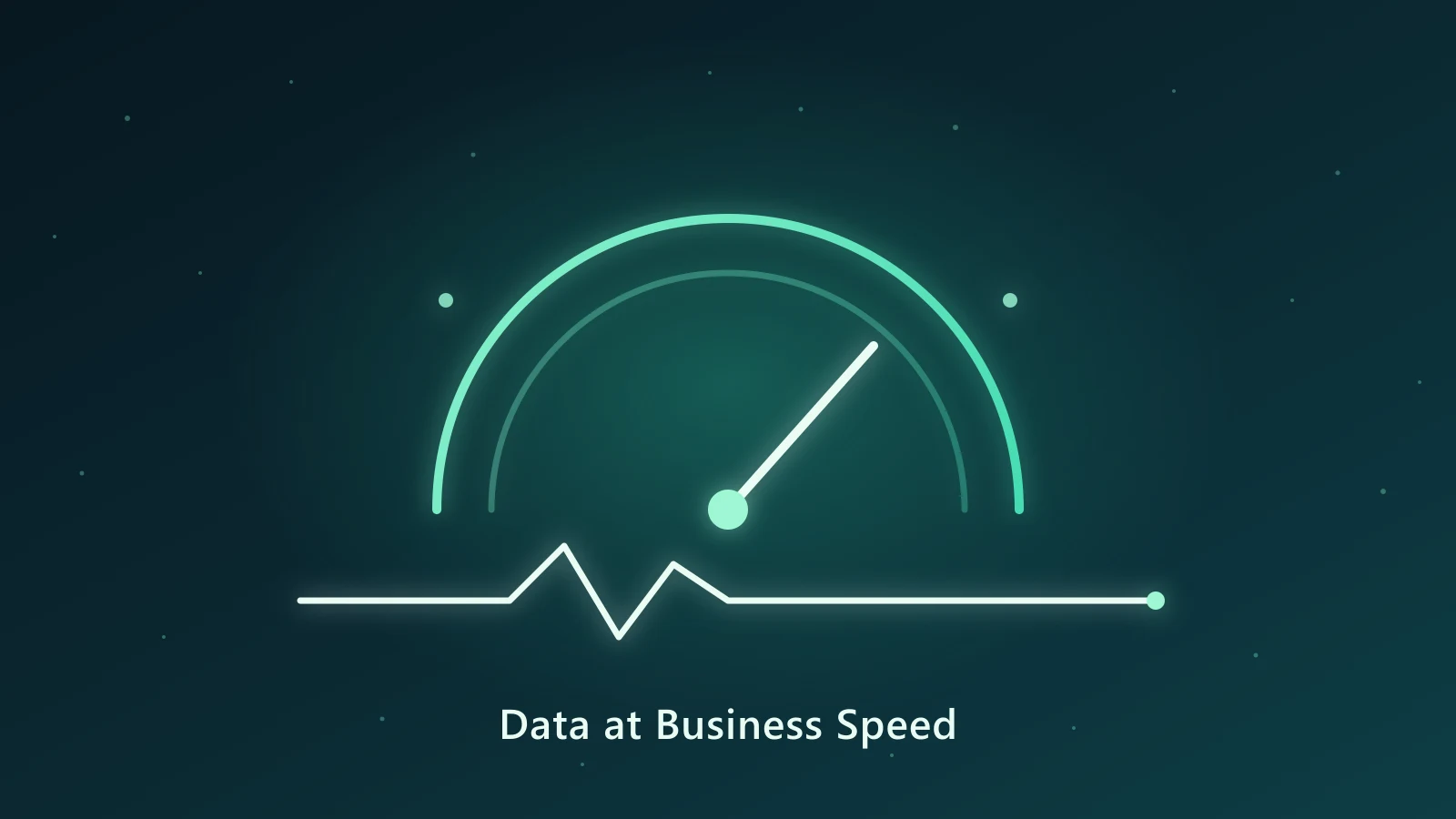 Neon speed gauge with a live pulse line beneath it, illustrating data delivered at business speed on a dark teal background.
