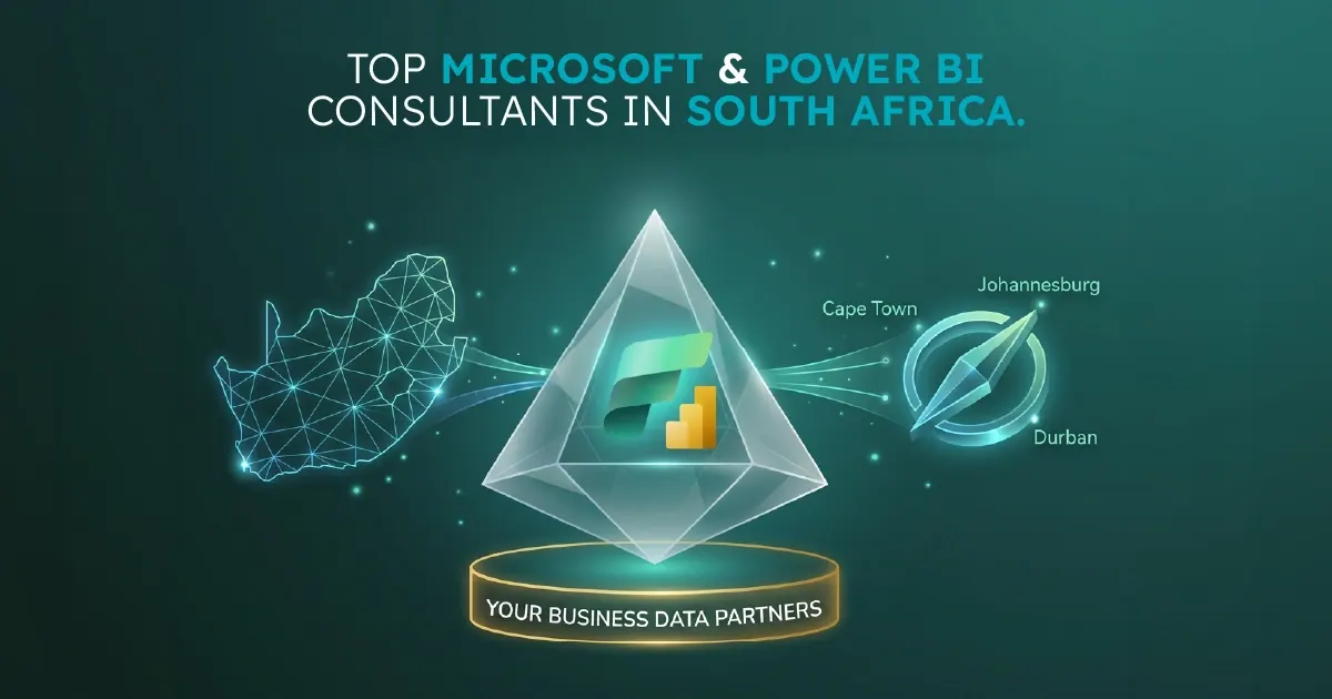 A visual representing South Africa's Microsoft Fabric and Power BI consultancy landscape in 2026, featuring Solv. Systems and other leading local data partners.