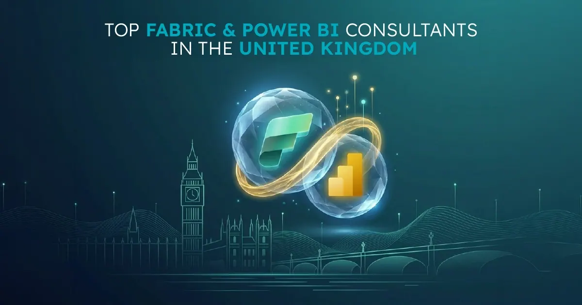 A visual representing the UK Microsoft Fabric and Power BI consultancy landscape in 2026, featuring Solv. Systems and leading British data partners.