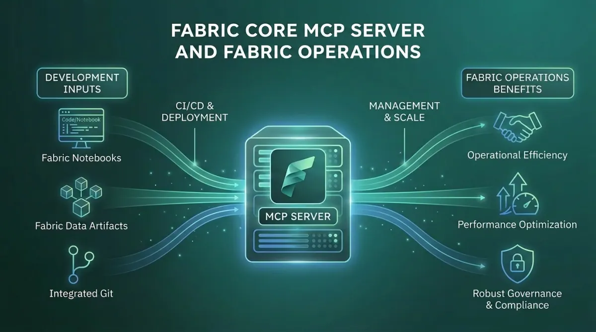 A visual representing AI agents interacting with Microsoft Fabric workspaces, items, and capacities through a cloud-hosted MCP endpoint.