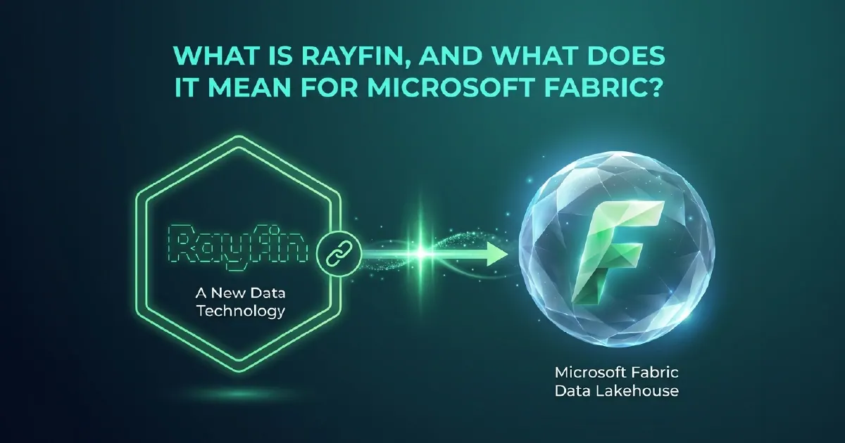 A conceptual diagram of Microsoft Rayfin as an AI intelligence layer above OneLake and Fabric workloads, enabling natural language querying and autonomous Data Agents.