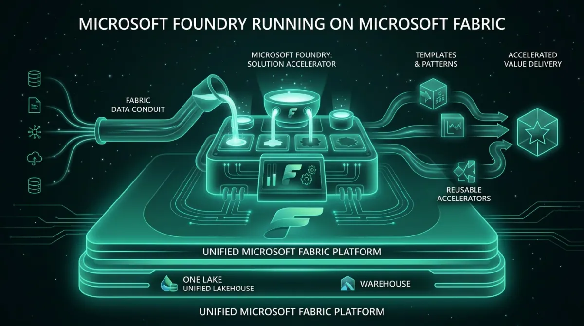 A layered visual representing Microsoft Foundry's enterprise AI platform connecting models, tools, and data sources into a unified runtime.