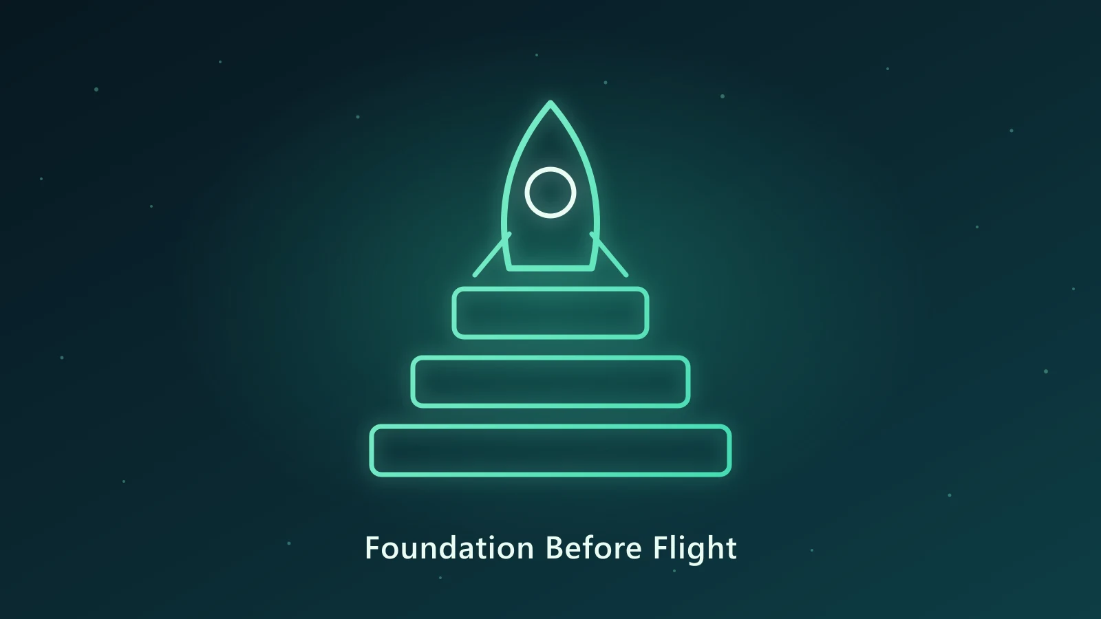 Neon rocket standing on stacked foundation blocks, illustrating AI readiness built on a solid data foundation, on a dark teal background.