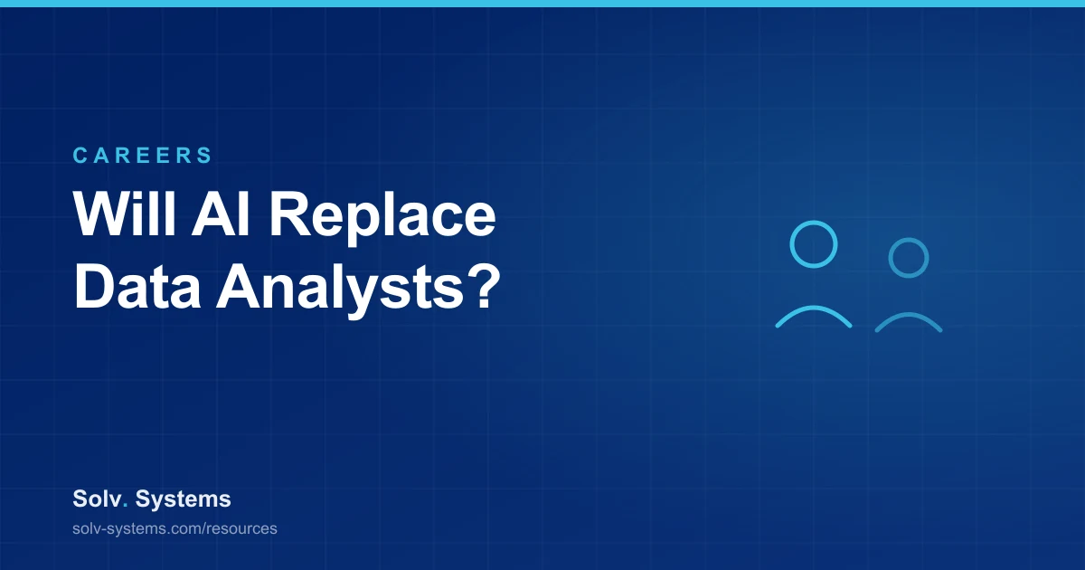 Navy Solv Systems title card reading 'Will AI Replace Data Analysts?' with a people and connection motif.
